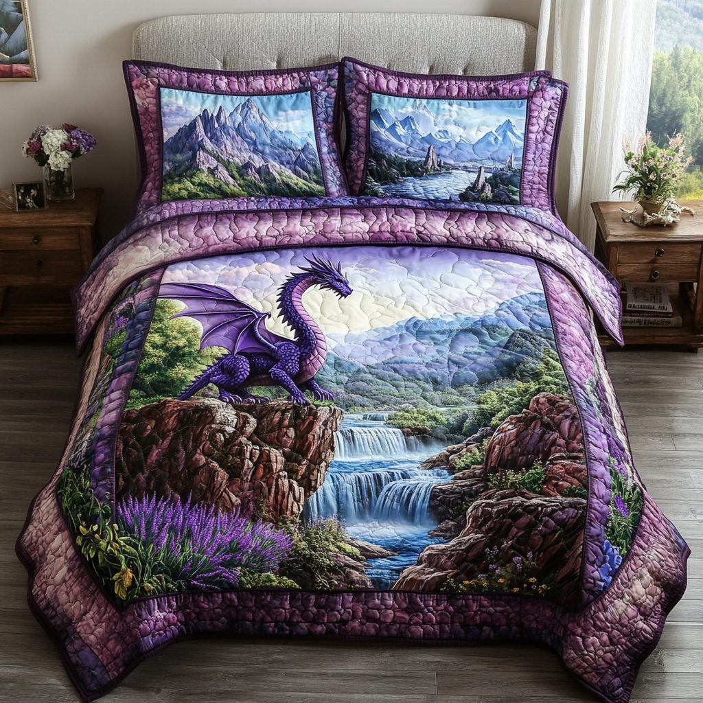 Majestic Dragon quilted 3-piece bedding set on a made bed with two matching pillow shams