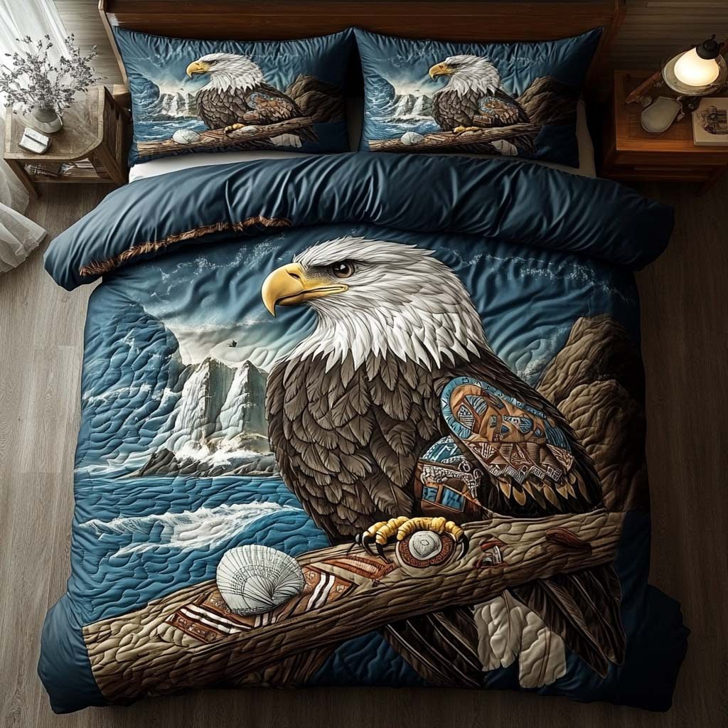 Majestic Eagle Dreams quilted 3-piece bedding set on a made bed in a warmly lit bedroom
