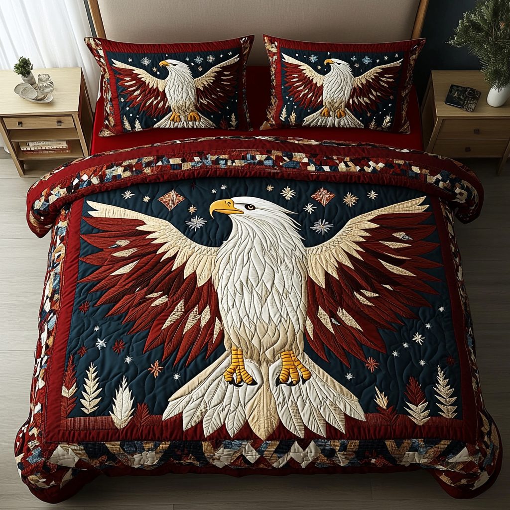 Majestic Eagle quilted 3-piece bedding set on a made bed in a warmly lit bedroom