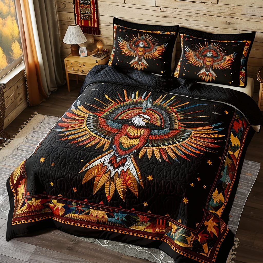 Majestic Eagle Warrior quilted 3-piece bedding set on a made bed in a warmly lit bedroom