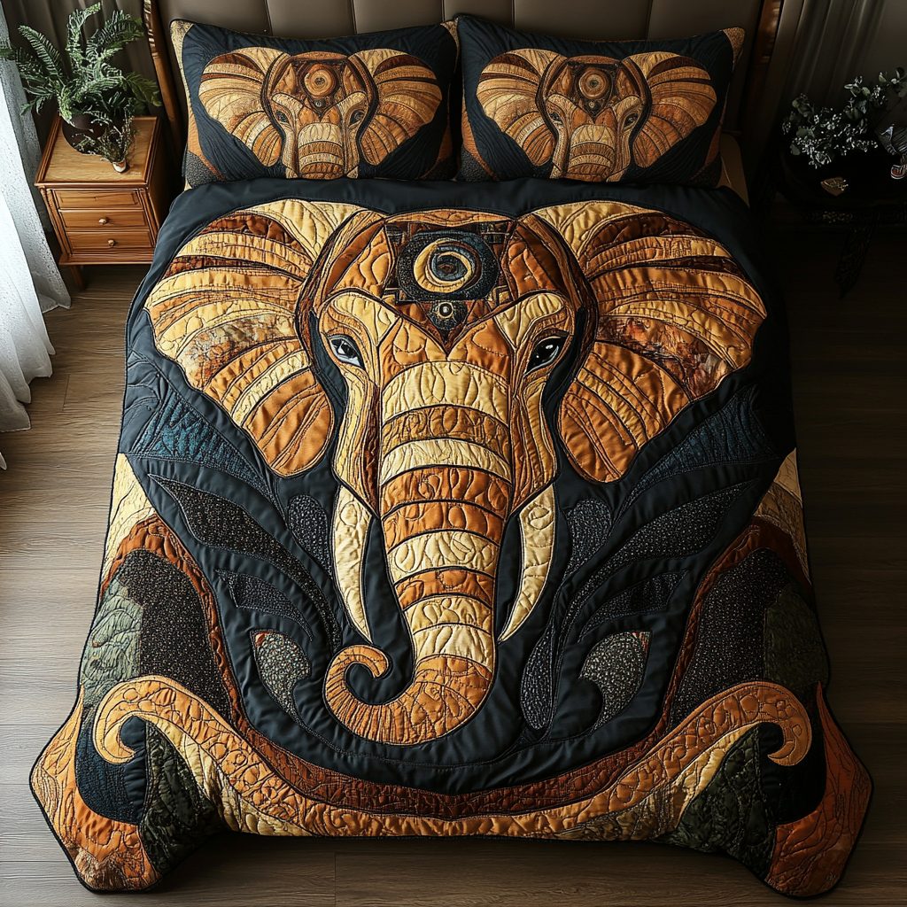 Majestic Elephant quilted 3-piece bedding set on a made bed with two matching pillow shams