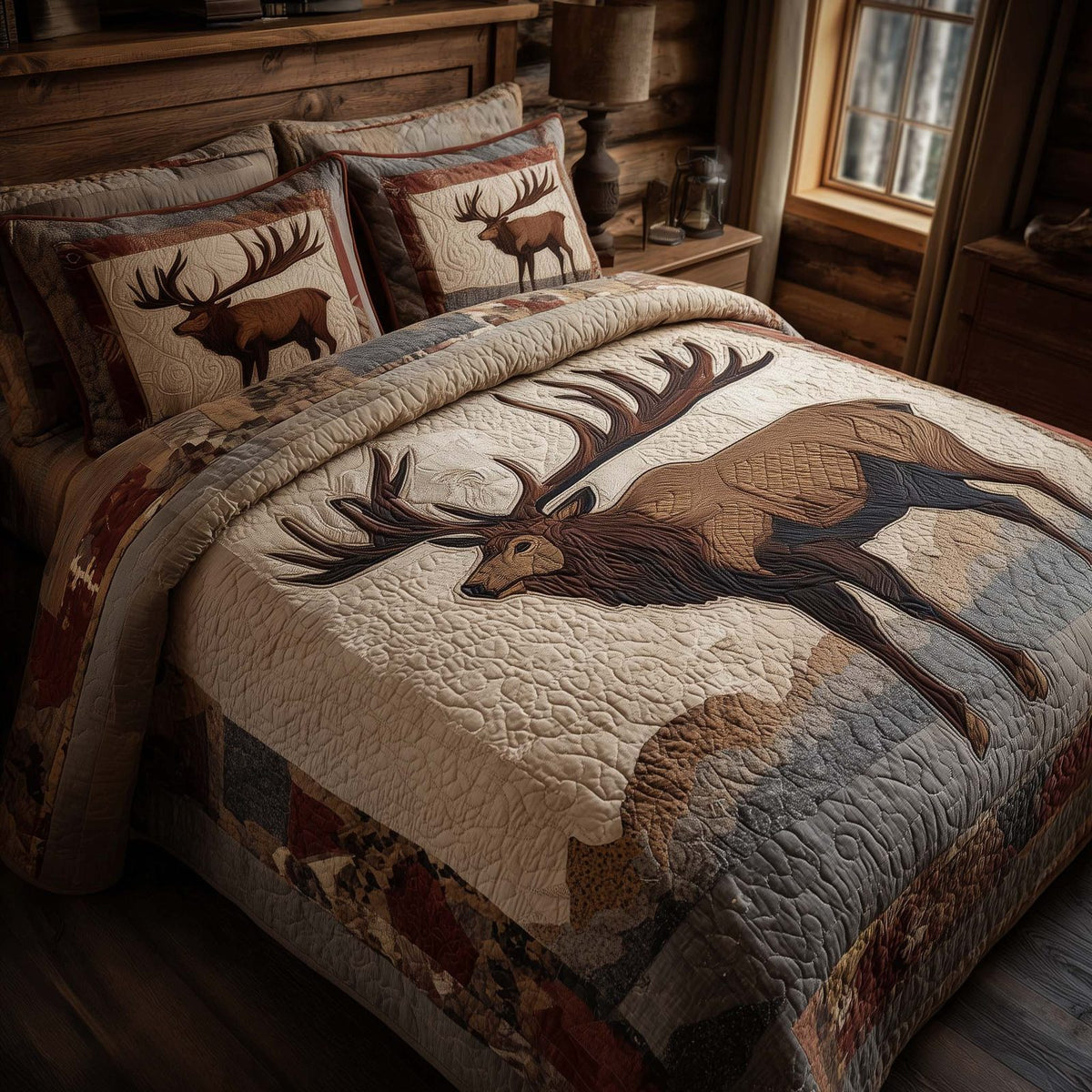 Majestic Elk quilted 3-piece bedding set on a made bed with two matching pillow shams