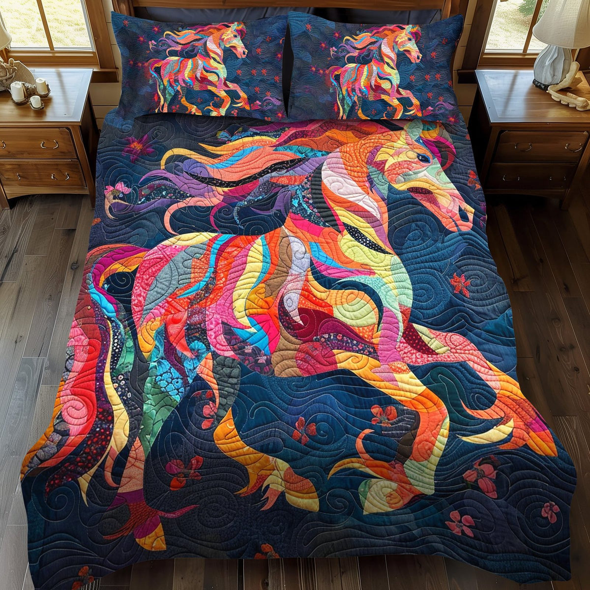 Majestic Equine quilted 3-piece bedding set on a made bed with two matching pillow shams