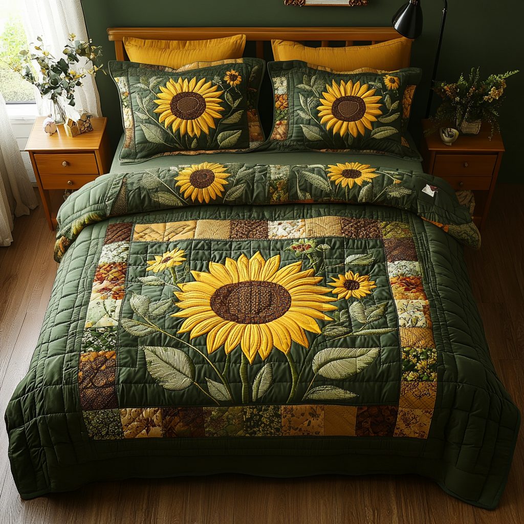 Majestic Fields quilted 3-piece bedding set on a made bed with two matching pillow shams