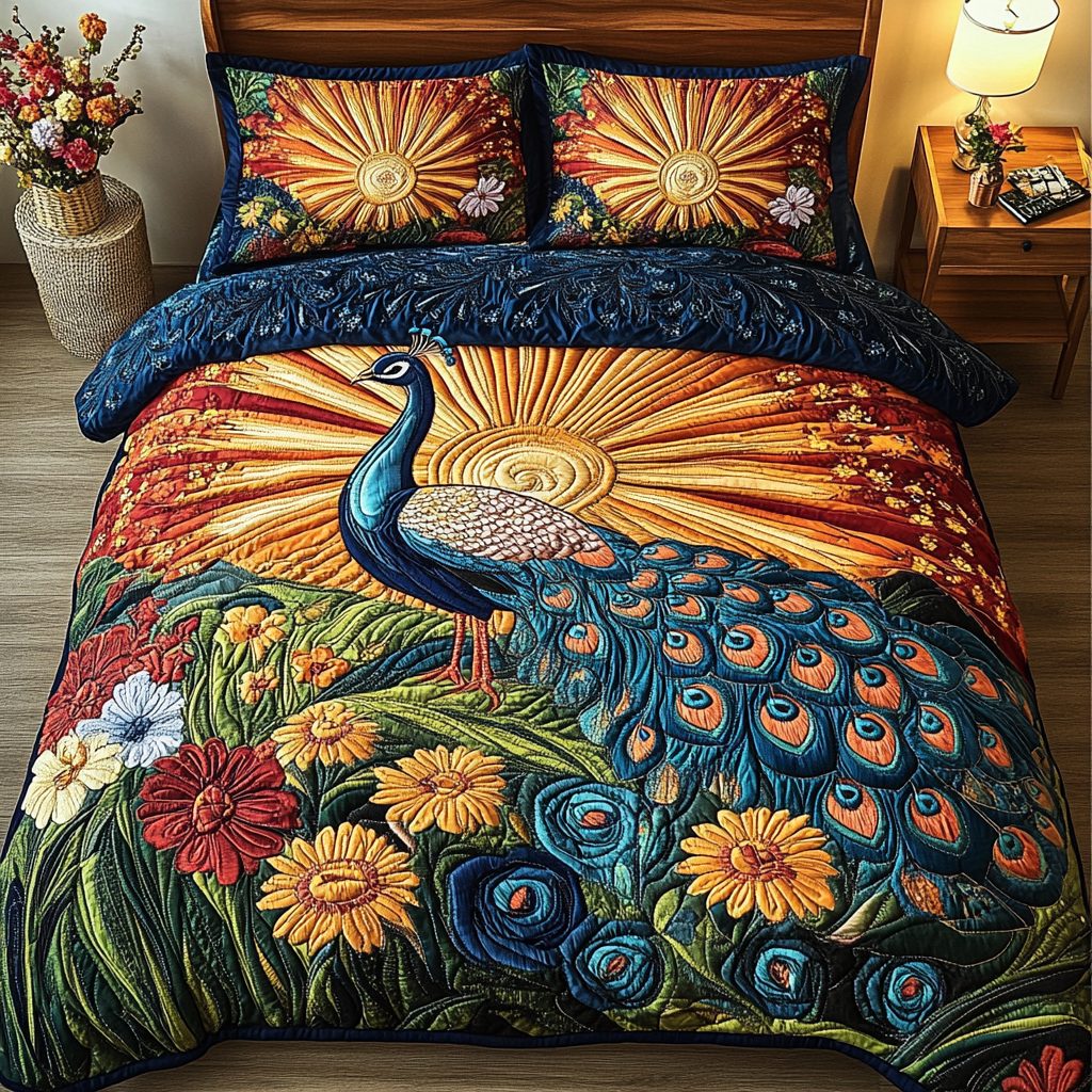 Majestic Glow quilted 3-piece bedding set on a made bed with two matching pillow shams