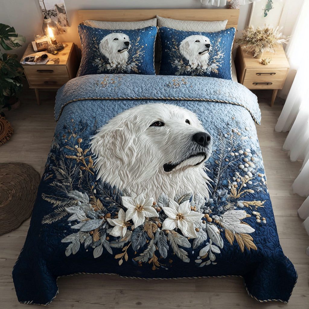 Majestic Great Pyrenees quilted 3-piece bedding set on a made bed with two matching pillow shams