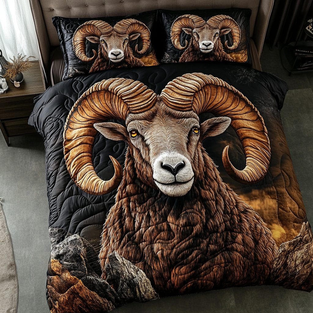 Majestic Horns quilted 3-piece bedding set on a made bed with two matching pillow shams