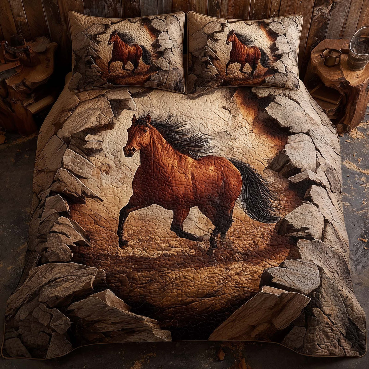 Majestic Horse quilted 3-piece bedding set on a made bed in a rustic timber bedroom