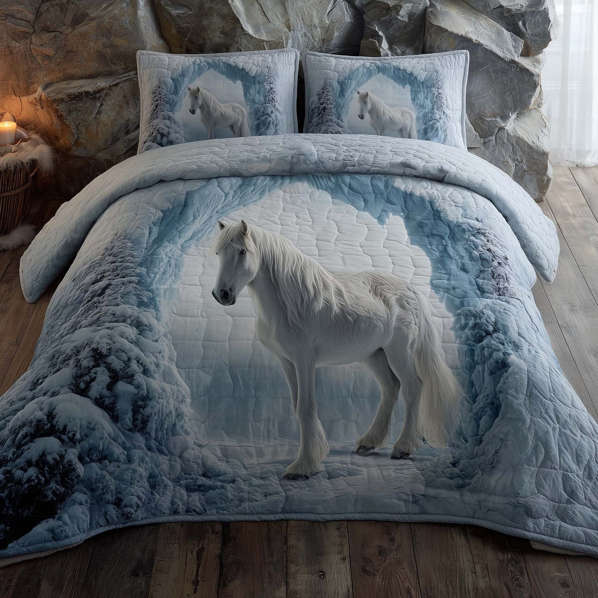 Majestic Horse quilted 3-piece bedding set on a made bed in a rustic timber bedroom
