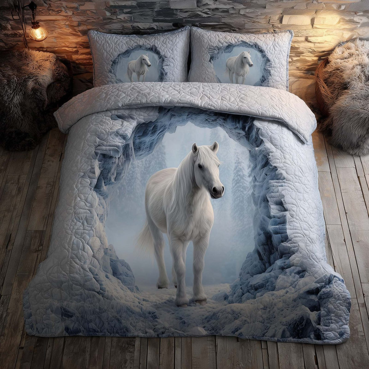 Majestic Horse quilted 3-piece bedding set on a made bed in a rustic timber bedroom