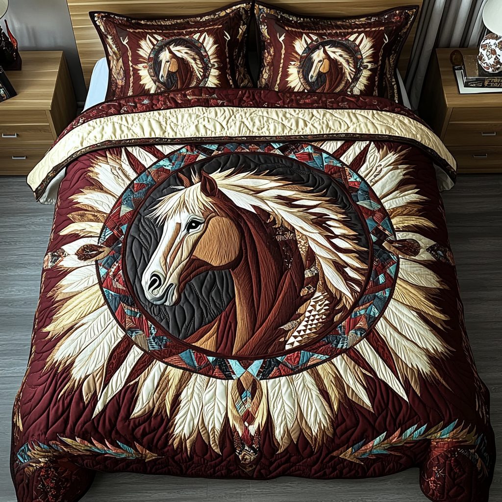 Majestic Horse quilted 3-piece bedding set on a made bed in a rustic timber bedroom