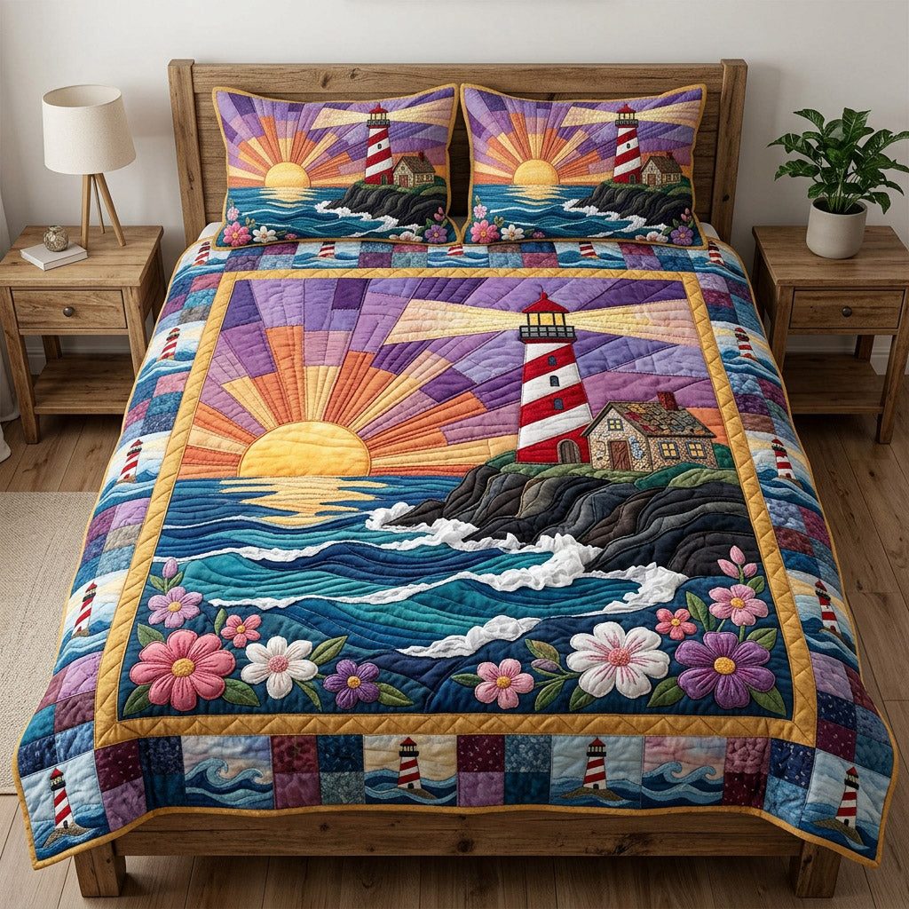 Majestic Lighthouse Glow quilted 3-piece bedding set on a made bed in a light coastal bedroom