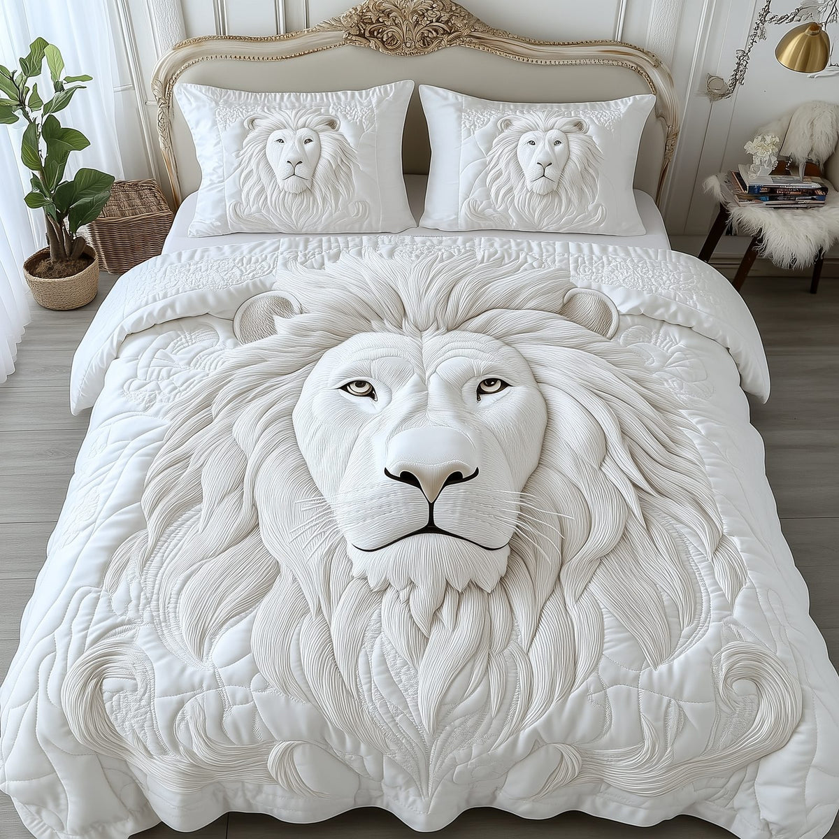 Majestic Lion King quilted 3-piece bedding set on a made bed with two matching pillow shams