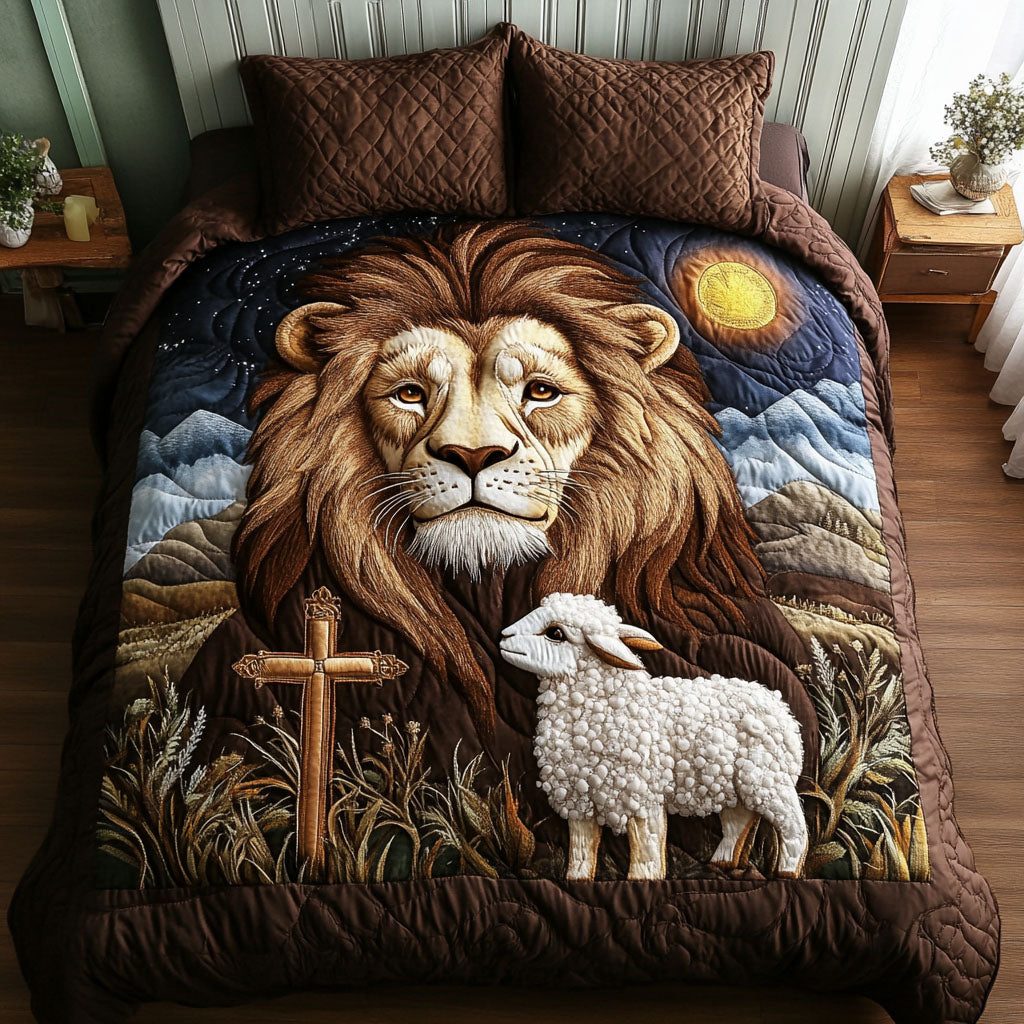 Majestic Lion Lamb quilted 3-piece bedding set on a made bed with two matching pillow shams