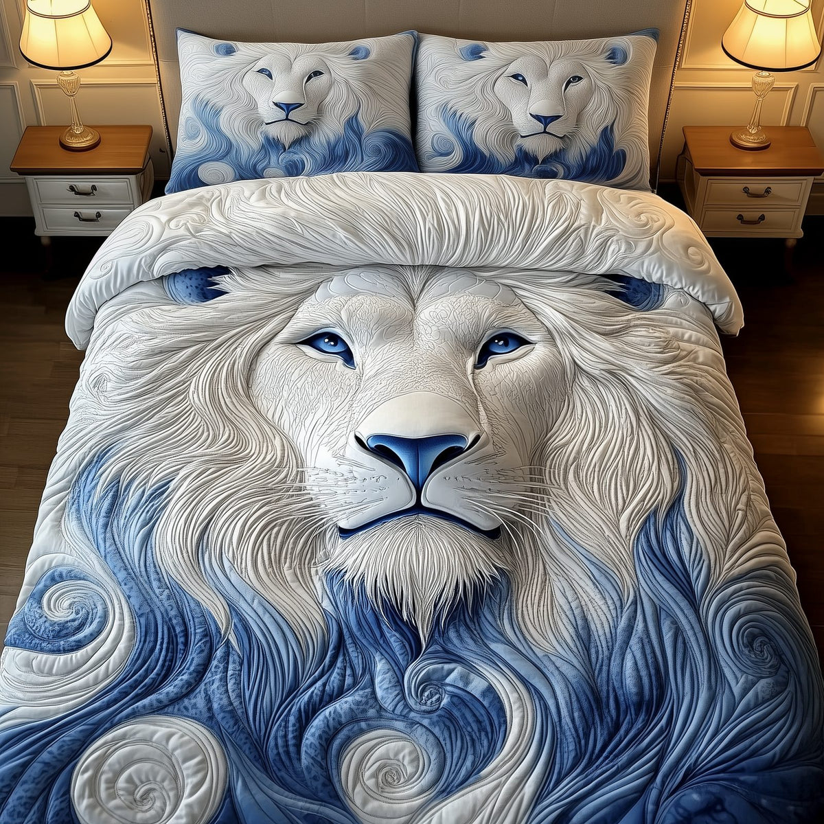 Majestic Lion quilted 3-piece bedding set on a made bed with two matching pillow shams