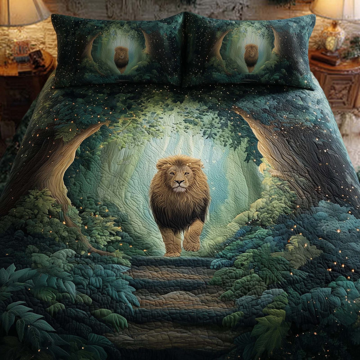 Majestic Lion quilted 3-piece bedding set on a made bed with two matching pillow shams