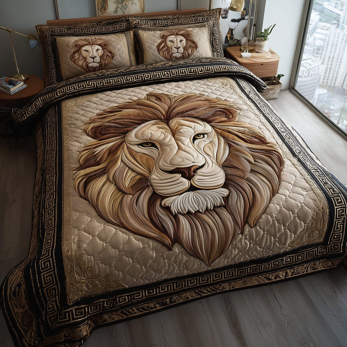 Majestic Lion quilted 3-piece bedding set on a made bed with two matching pillow shams