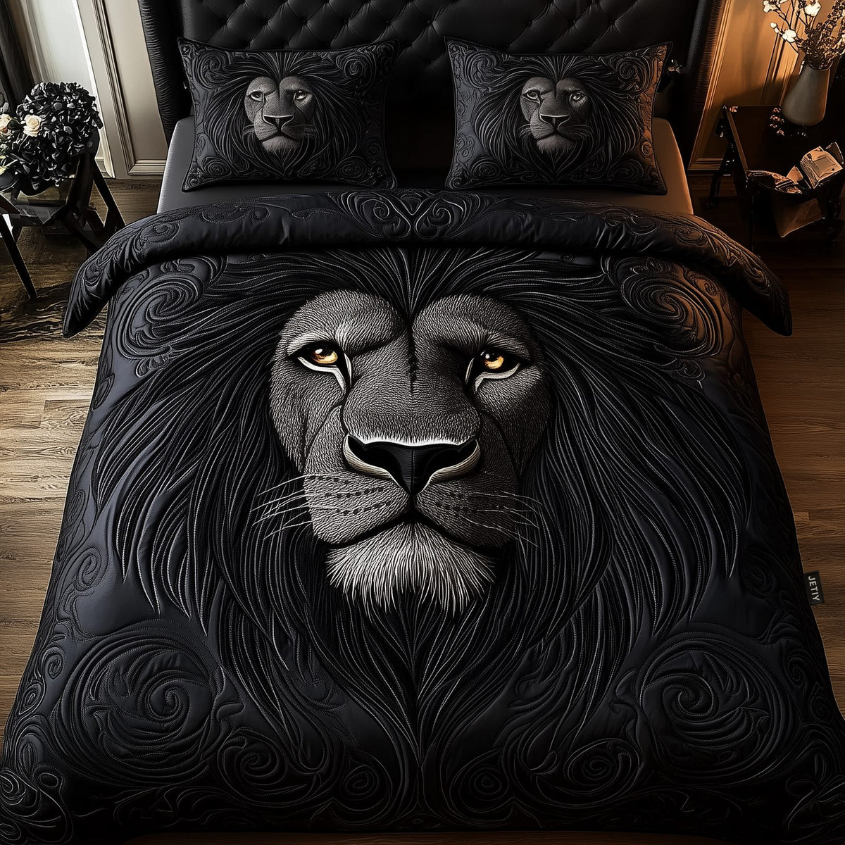 Majestic Lion quilted 3-piece bedding set on a made bed with two matching pillow shams