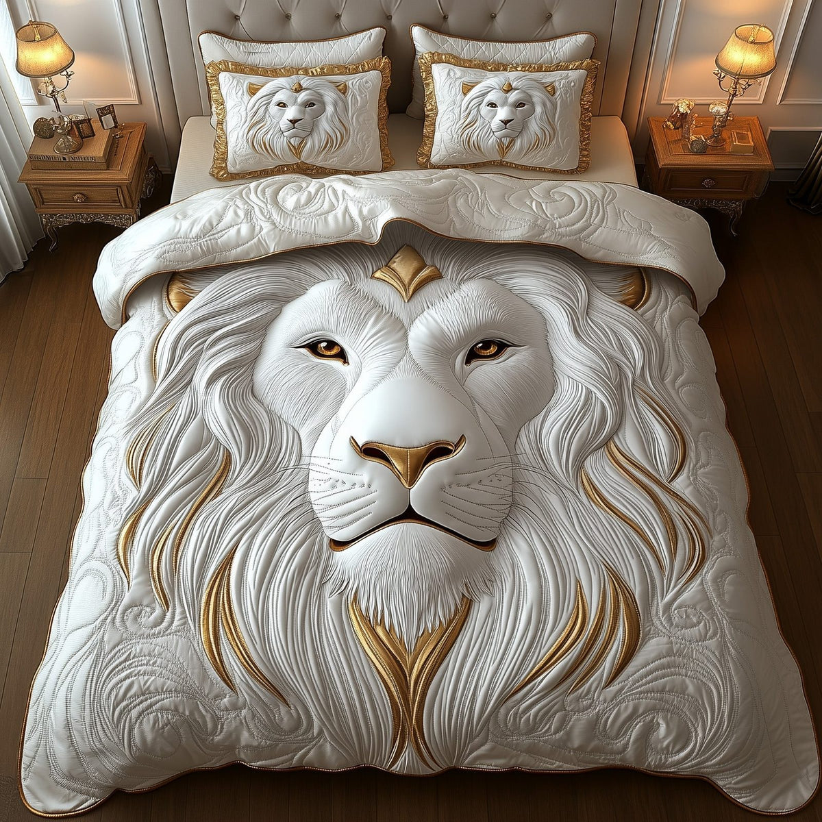 Majestic Lion quilted 3-piece bedding set on a made bed with two matching pillow shams