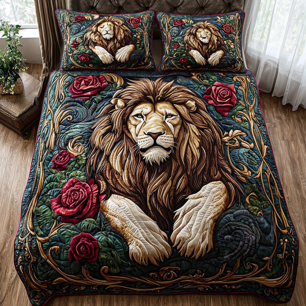Majestic Lion quilted 3-piece bedding set on a made bed with two matching pillow shams