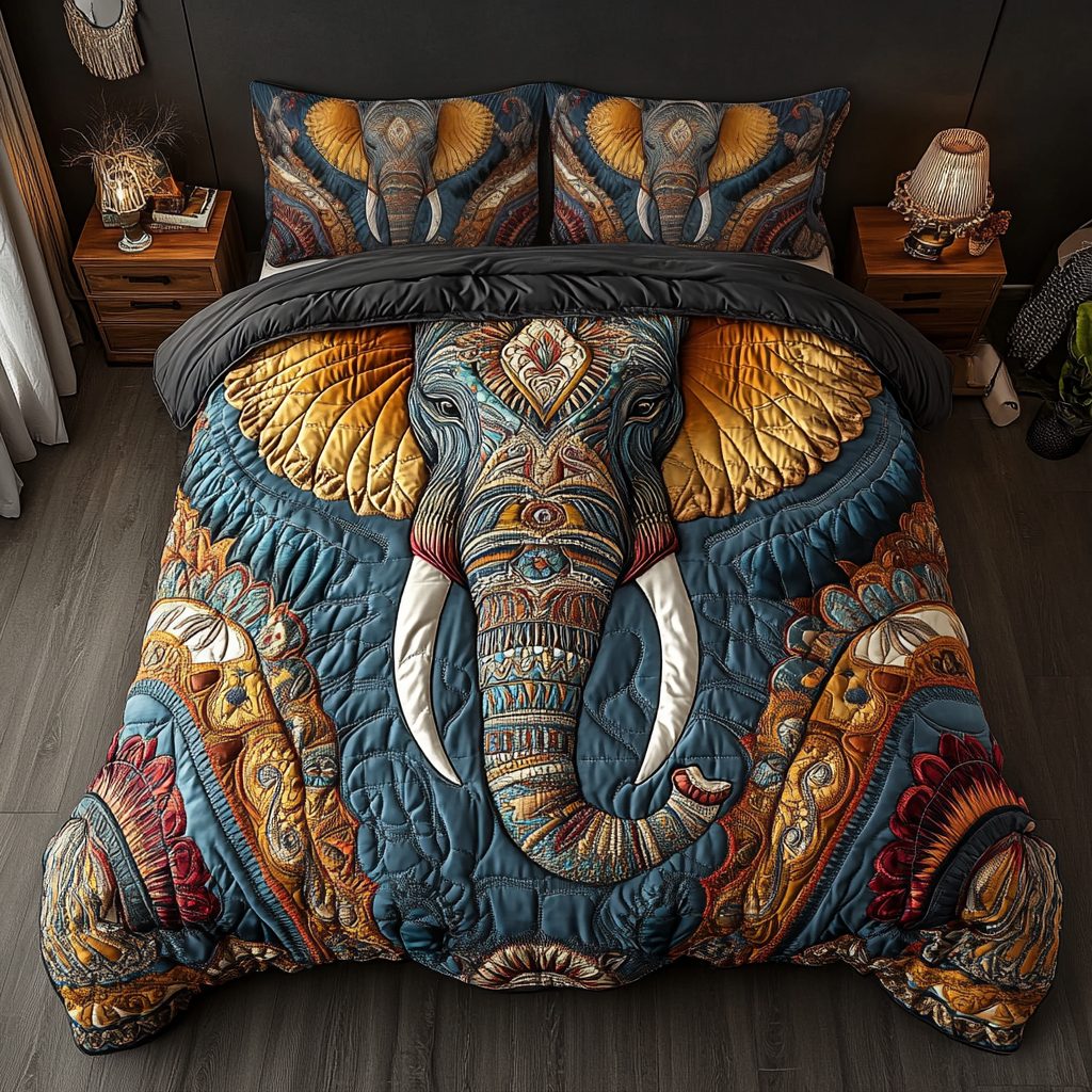 Majestic Mammoth quilted 3-piece bedding set on a made bed with two matching pillow shams