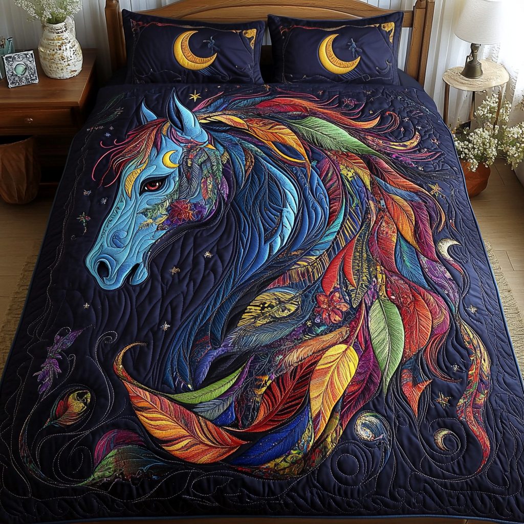 Majestic Mane quilted 3-piece bedding set on a made bed with two matching pillow shams