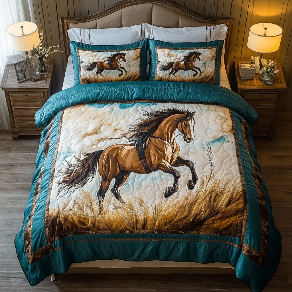 Majestic Mane quilted 3-piece bedding set on a made bed with two matching pillow shams
