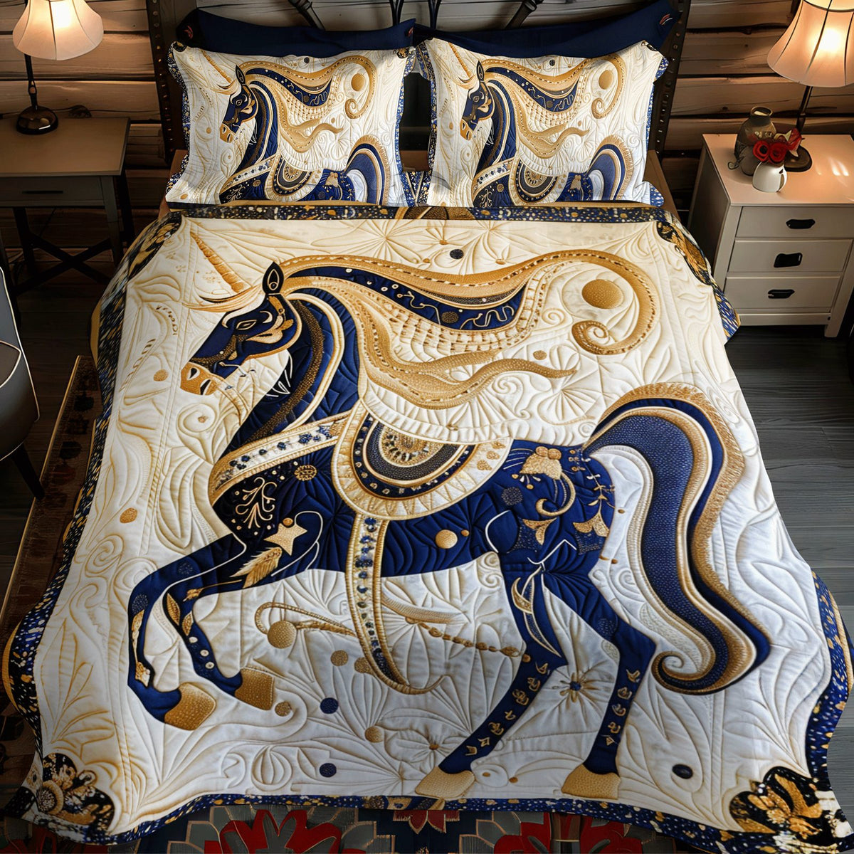 Majestic Mane quilted 3-piece bedding set on a made bed with two matching pillow shams