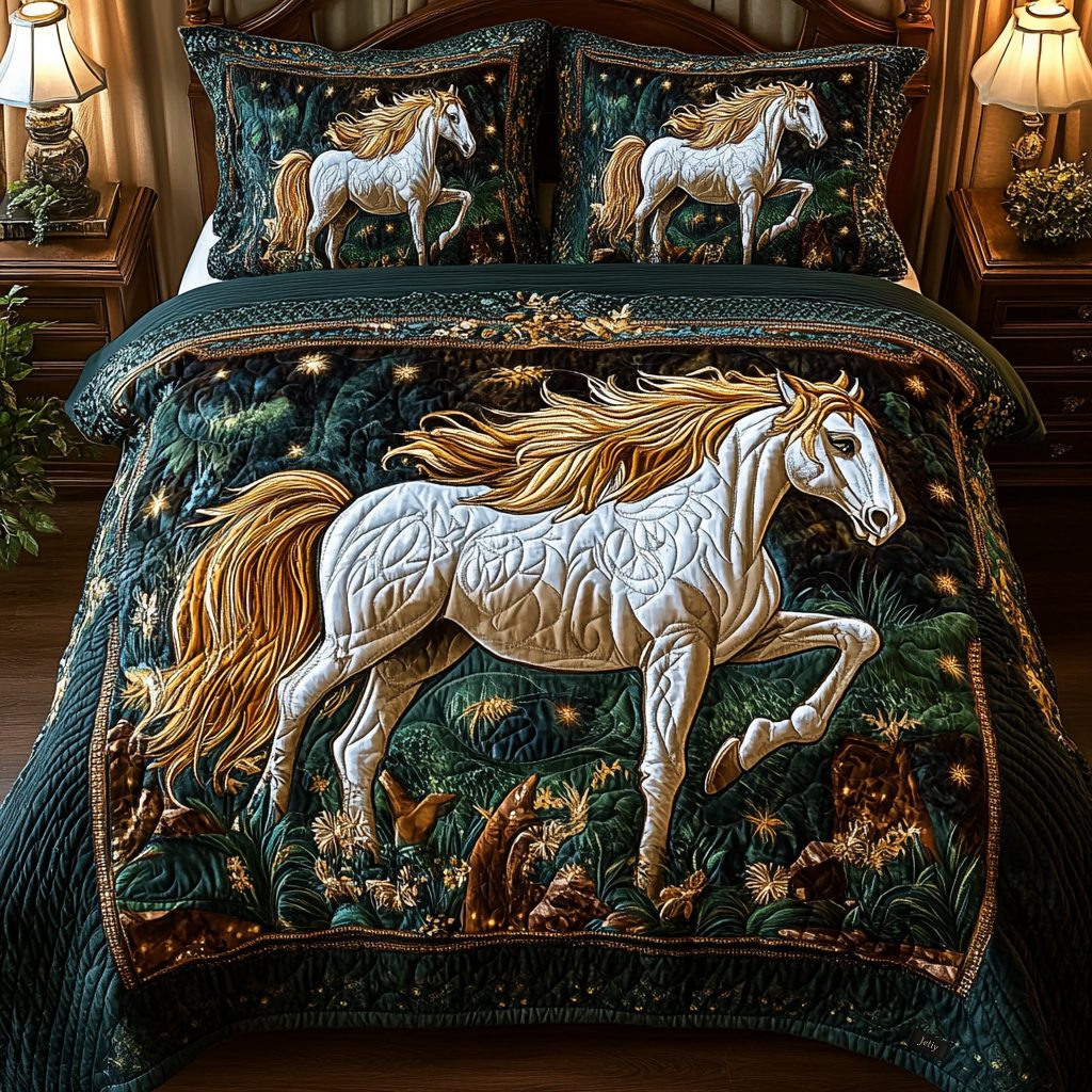 Majestic Mane quilted 3-piece bedding set on a made bed with two matching pillow shams