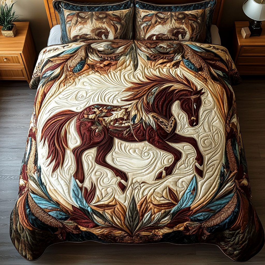 Majestic Mane quilted 3-piece bedding set on a made bed with two matching pillow shams