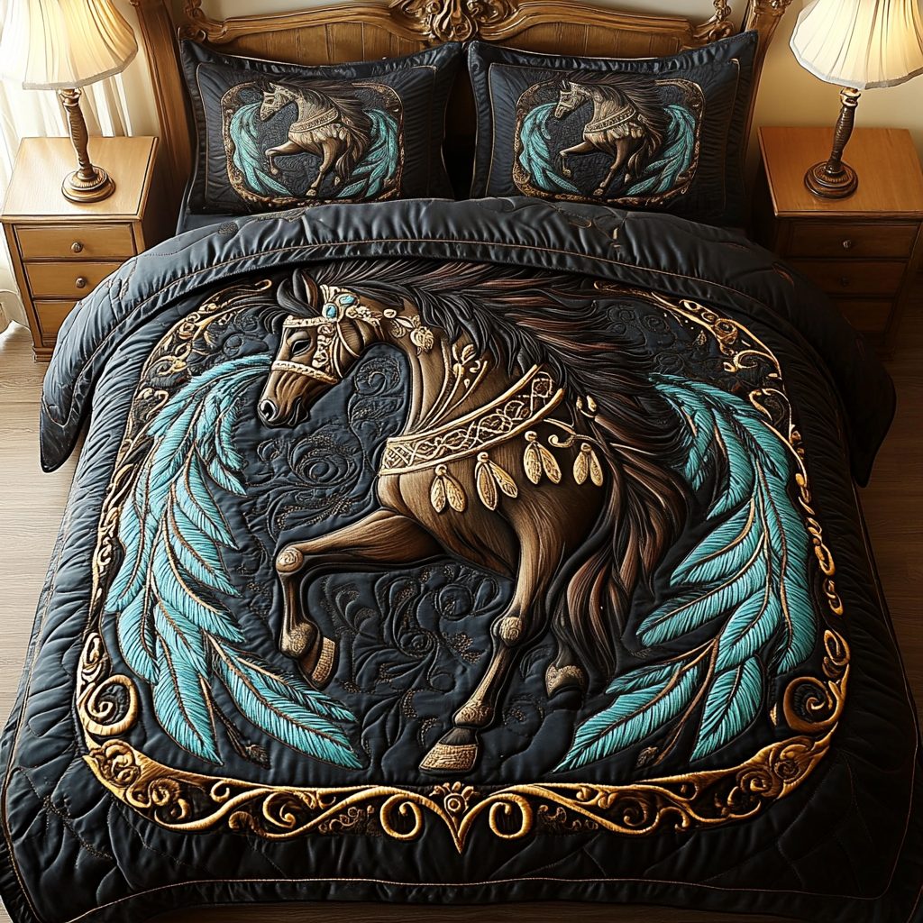 Majestic Mane quilted 3-piece bedding set on a made bed with two matching pillow shams