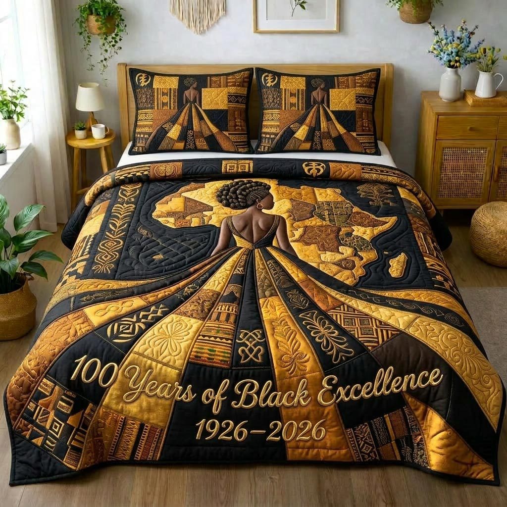 Majestic Melanin quilted 3-piece bedding set on a made bed with two matching pillow shams