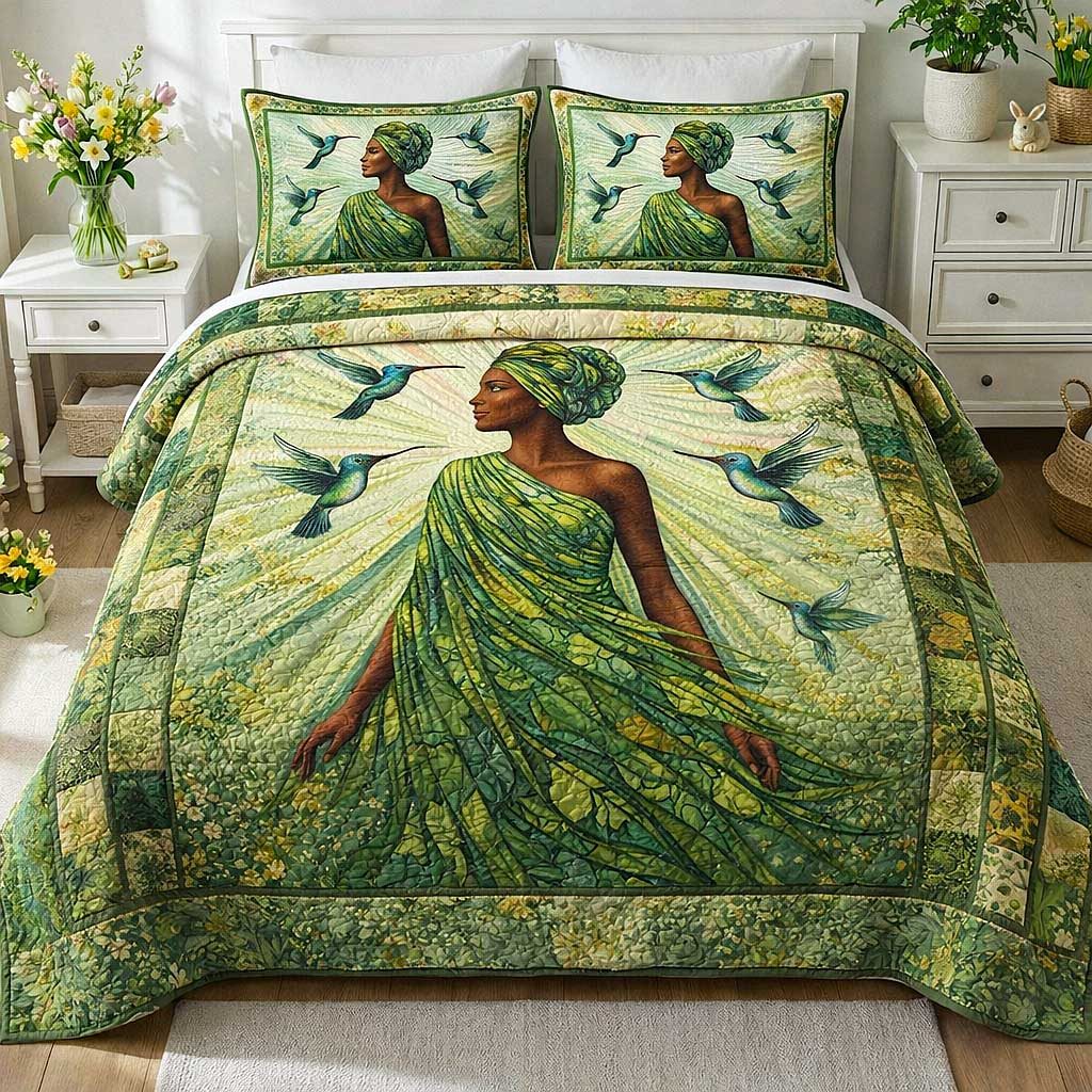 Majestic Melanin quilted 3-piece bedding set on a made bed with two matching pillow shams