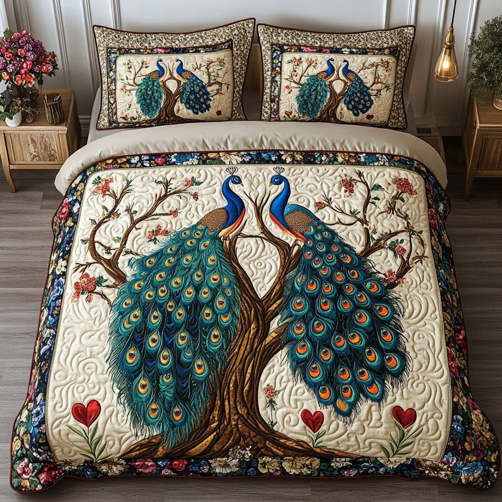 Majestic Pair quilted 3-piece bedding set on a made bed with two matching pillow shams