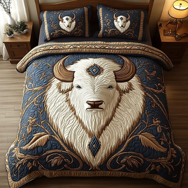 Majestic Plains quilted 3-piece bedding set on a made bed with two matching pillow shams