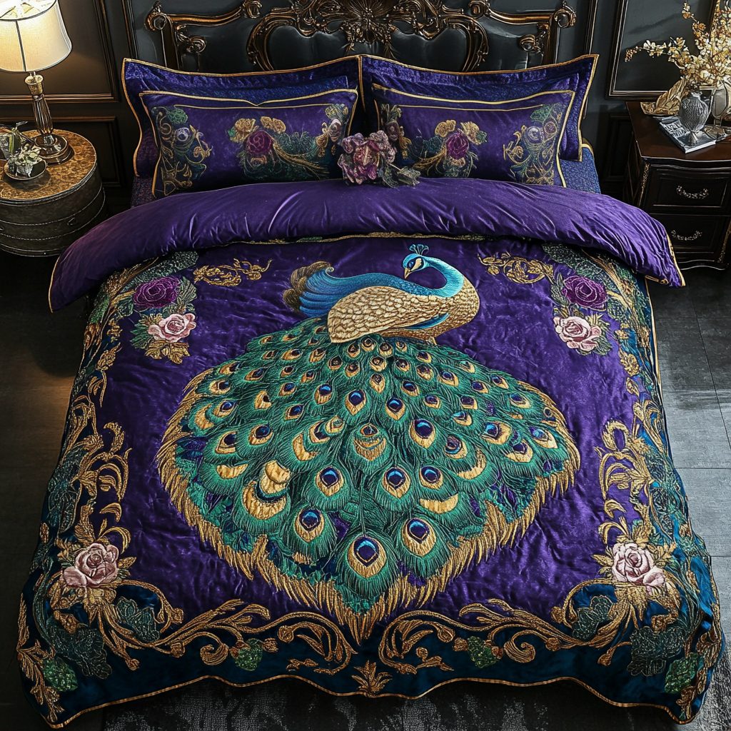Majestic Plumage quilted 3-piece bedding set on a made bed with two matching pillow shams
