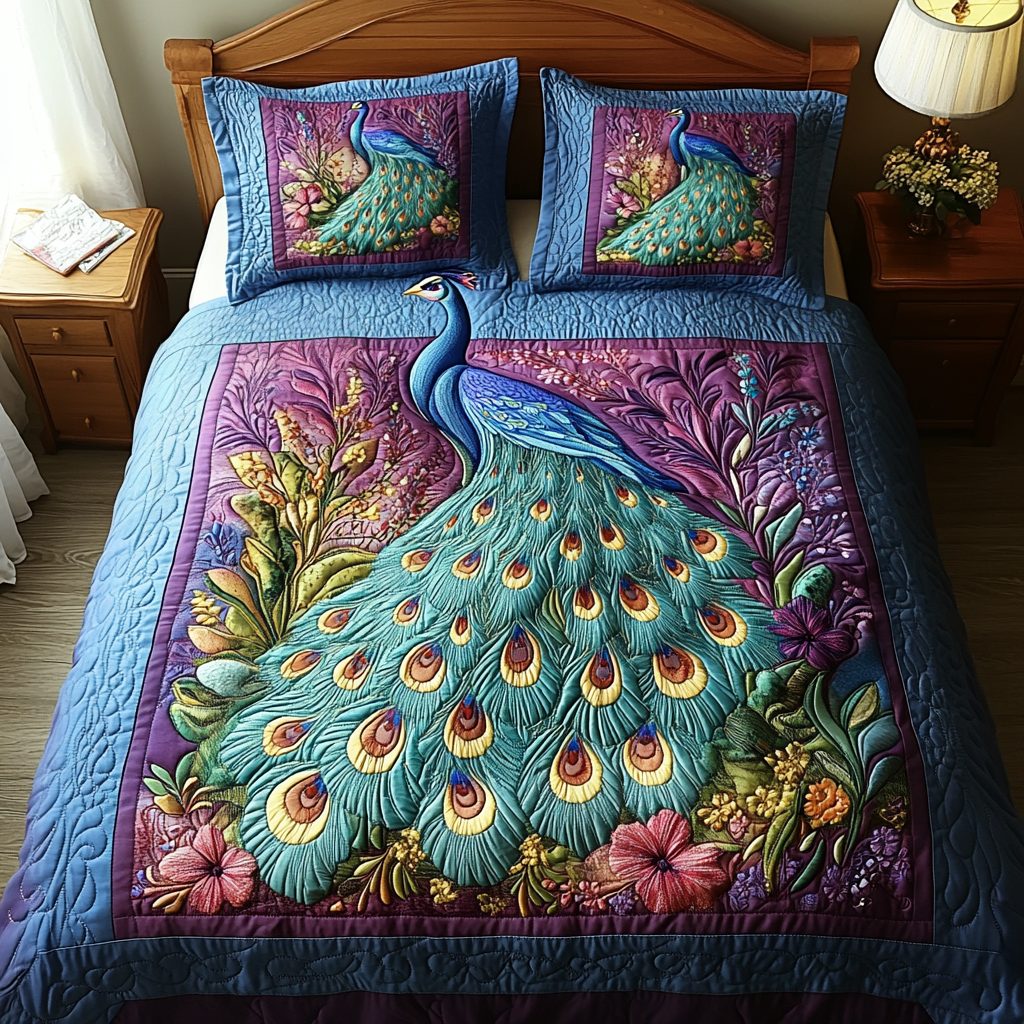Majestic Plumes quilted 3-piece bedding set on a made bed with two matching pillow shams