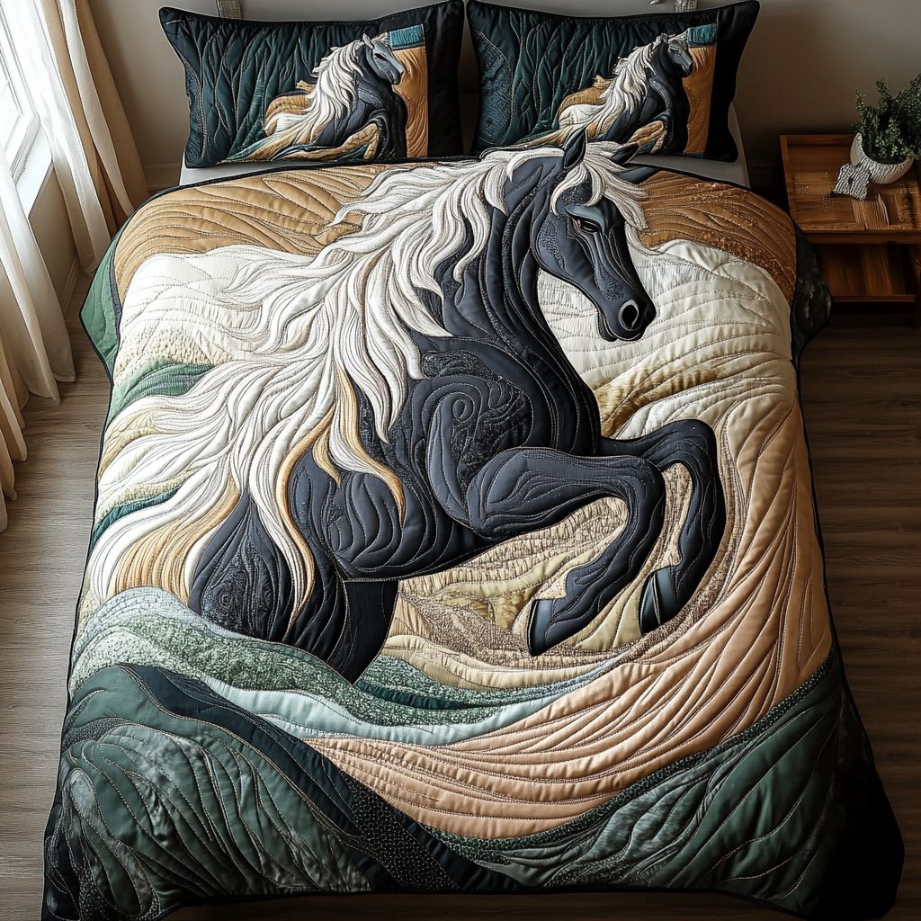 Majestic Ride quilted 3-piece bedding set on a made bed with two matching pillow shams
