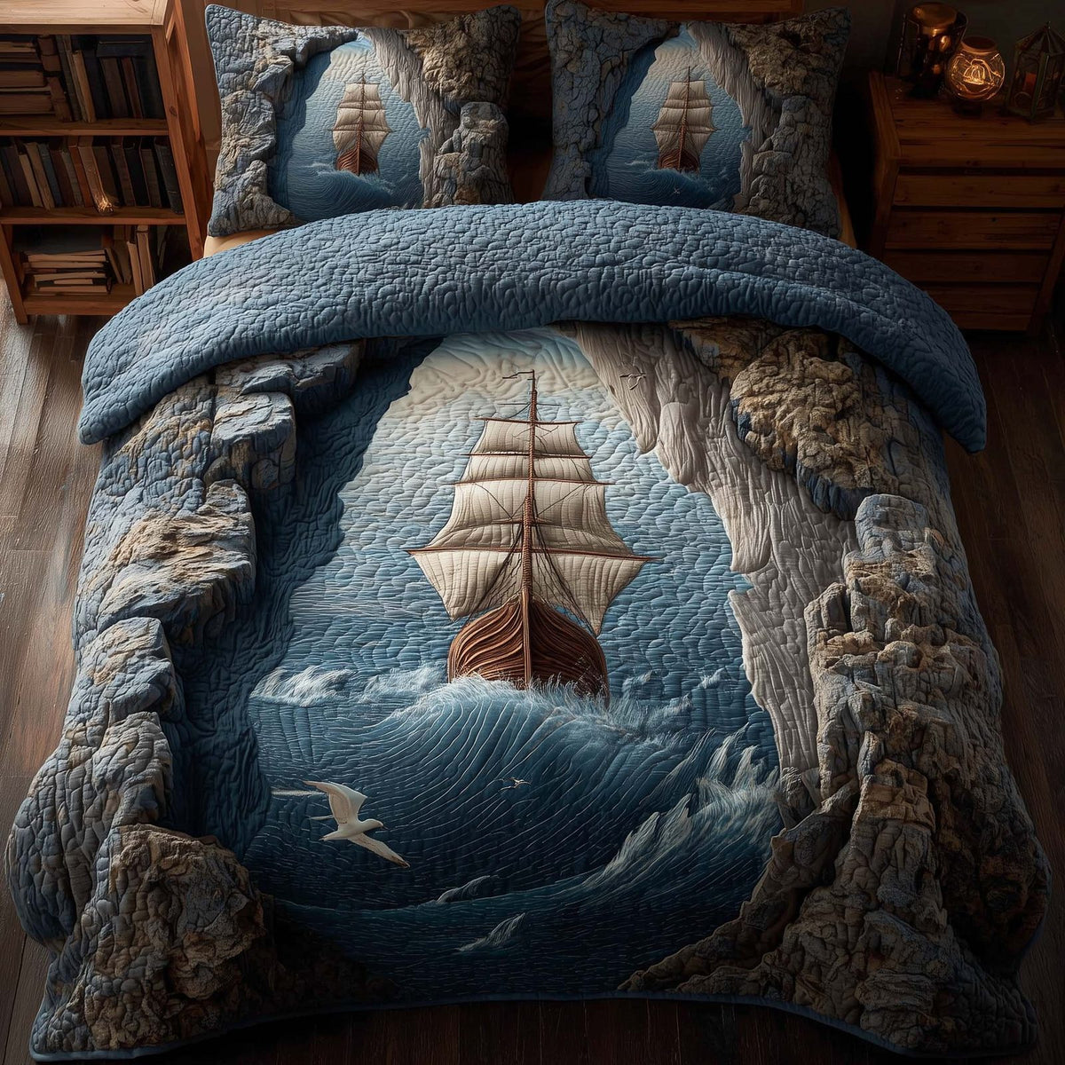 Majestic Ship quilted 3-piece bedding set on a made bed in a light coastal bedroom