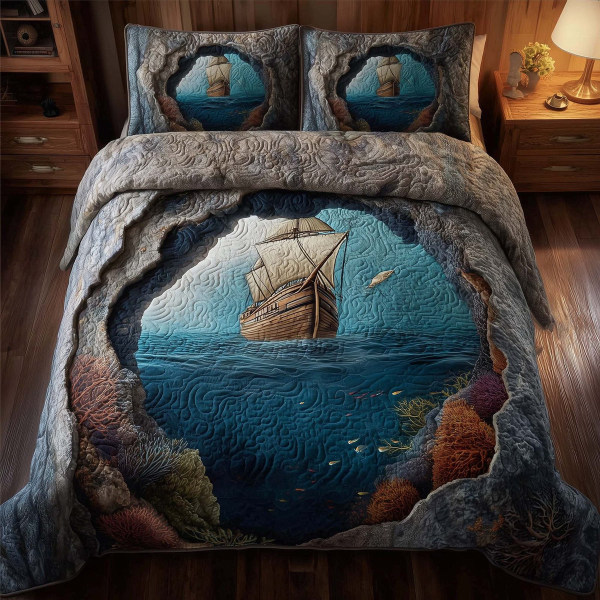 Majestic Ship quilted 3-piece bedding set on a made bed in a light coastal bedroom