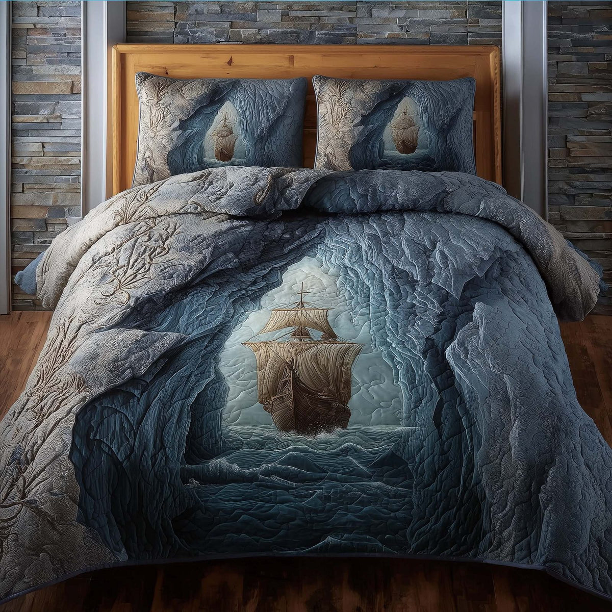 Majestic Ship quilted 3-piece bedding set on a made bed in a light coastal bedroom