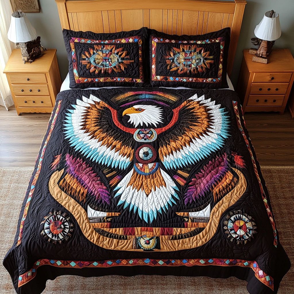 Majestic Sky King quilted 3-piece bedding set on a made bed with two matching pillow shams