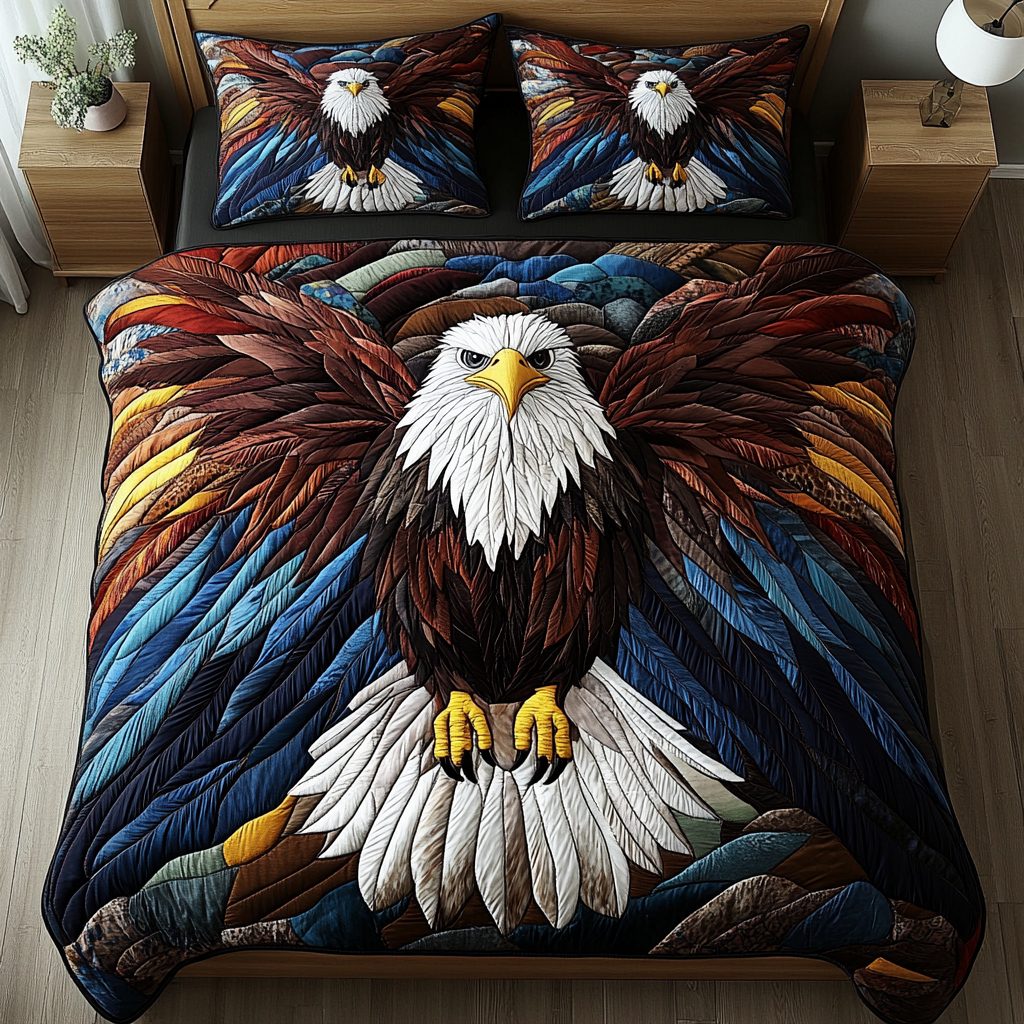 Majestic Soar quilted 3-piece bedding set on a made bed with two matching pillow shams