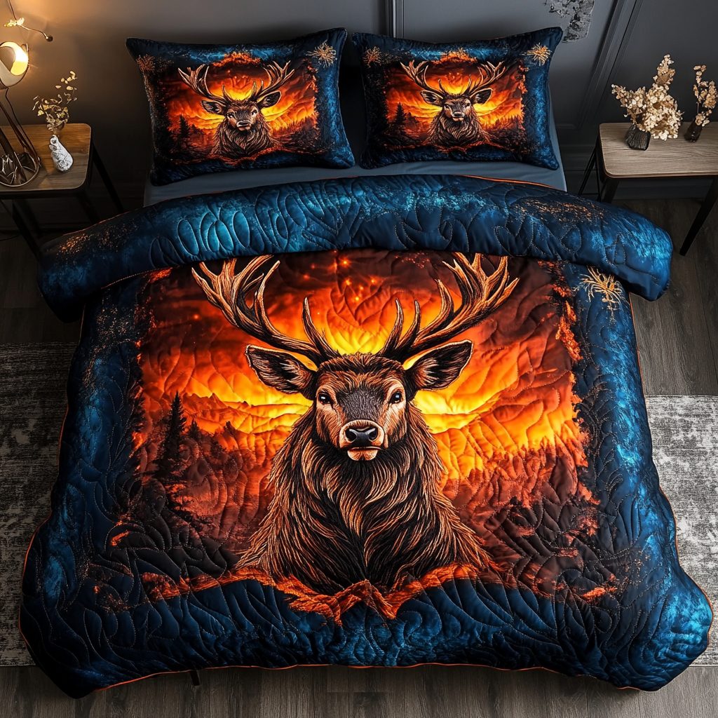 Majestic Stag quilted 3-piece bedding set on a made bed with two matching pillow shams