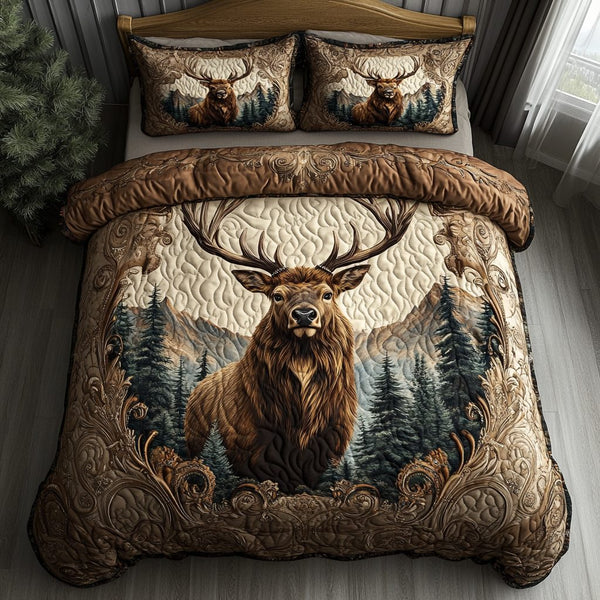 Majestic Stag quilted 3-piece bedding set on a made bed with two matching pillow shams