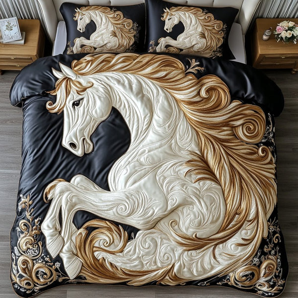 Majestic Stallion quilted 3-piece bedding set on a made bed in a rustic timber bedroom