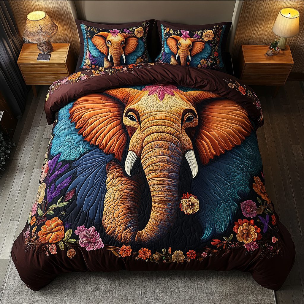 Majestic Step quilted 3-piece bedding set on a made bed with two matching pillow shams