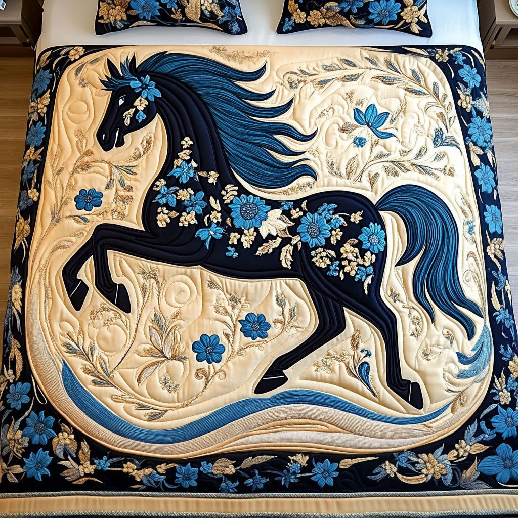 Majestic Stride quilted 3-piece bedding set on a made bed with two matching pillow shams