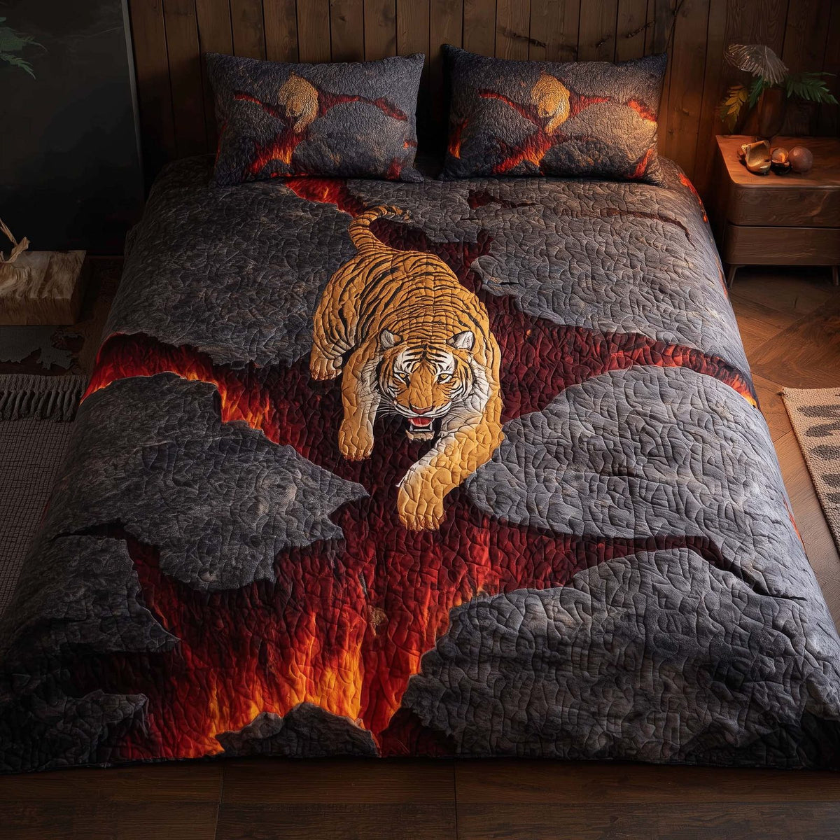 Majestic Tiger quilted 3-piece bedding set on a made bed with two matching pillow shams