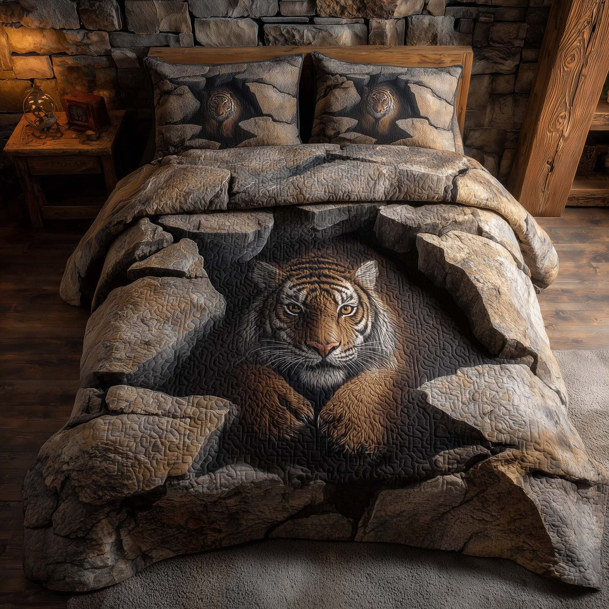 Majestic Tiger quilted 3-piece bedding set on a made bed with two matching pillow shams